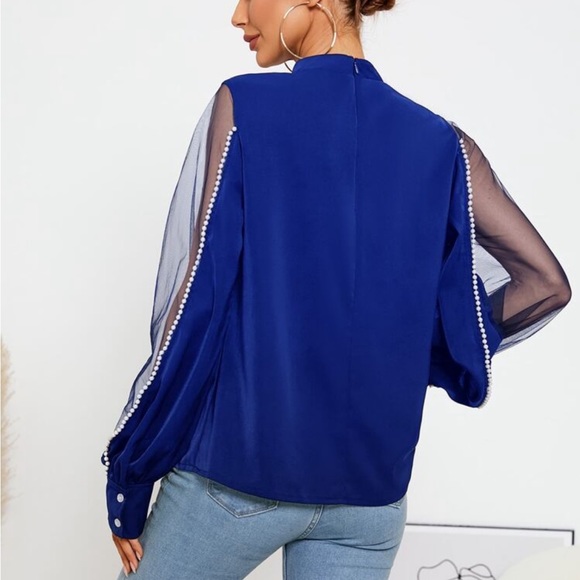 Elegant Sheer Mesh Long Sleeve Pearls Beaded Mock Neck Blouse Blue - Picture 2 of 14
